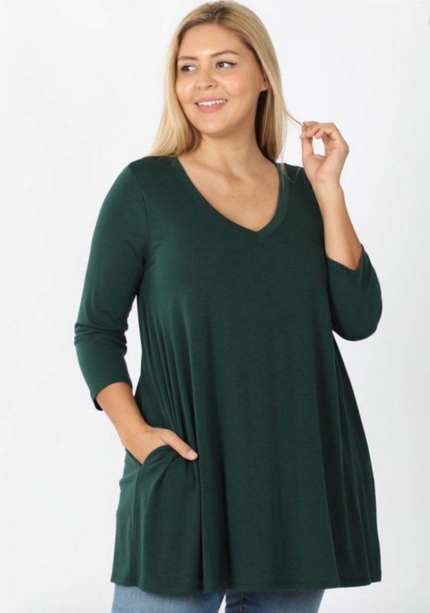PLUS SIZE 3/4 Sleeve V-Neck Top (WITH POCKETS) – The Purple Puddle