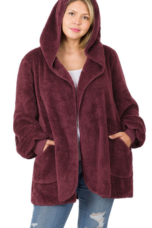 Plus Size Ultra Soft Faux Fur Hooded Sweater (With Pockets)