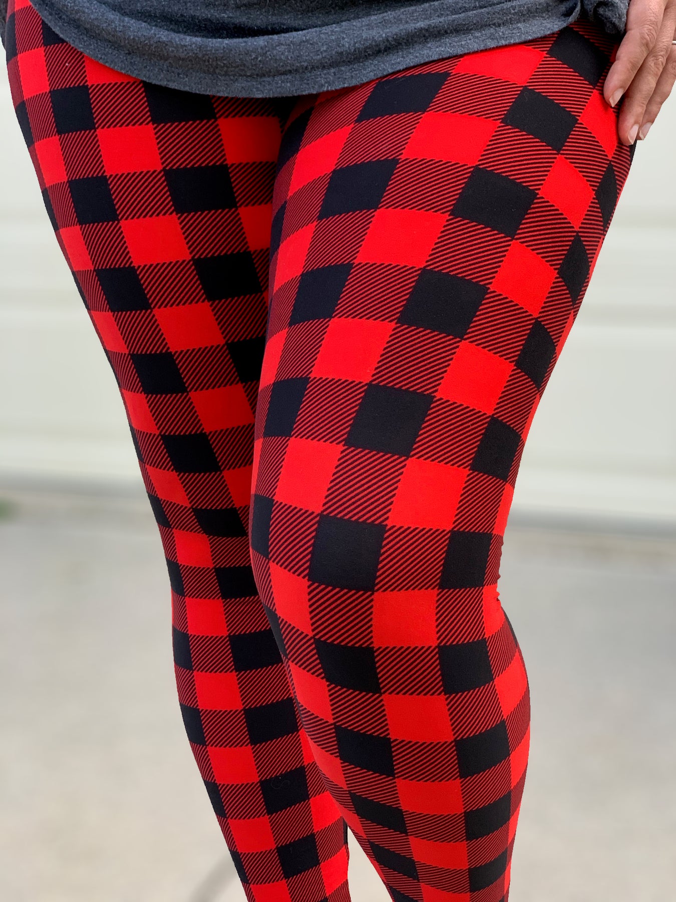 High waisted super stretchy red and black buffalo plaid womens